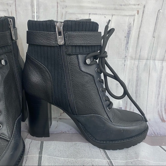 Antonio Melani Size 7.5M 7.5 Black Leather Lace Up Chunky Ankle Booties Zip - Picture 3 of 15